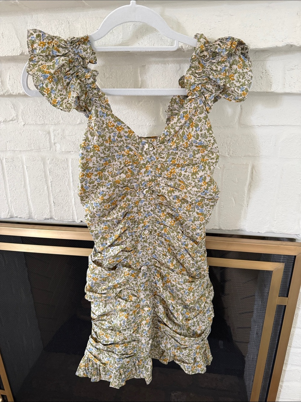Vici Floral Ruffled Mini Dress in Cream, Mustard & Soft Blue